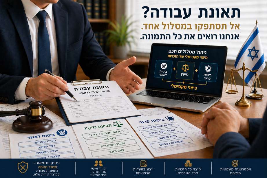 ורך דין מציג ללקוח מסמכים משפטיים ומתרשים אסטרטגיה של תאונת עבודה, המחולקת לשלושה מסלולים משיקים: ביטוח לאומי, תביעת נזיקין וביטוח פרטי