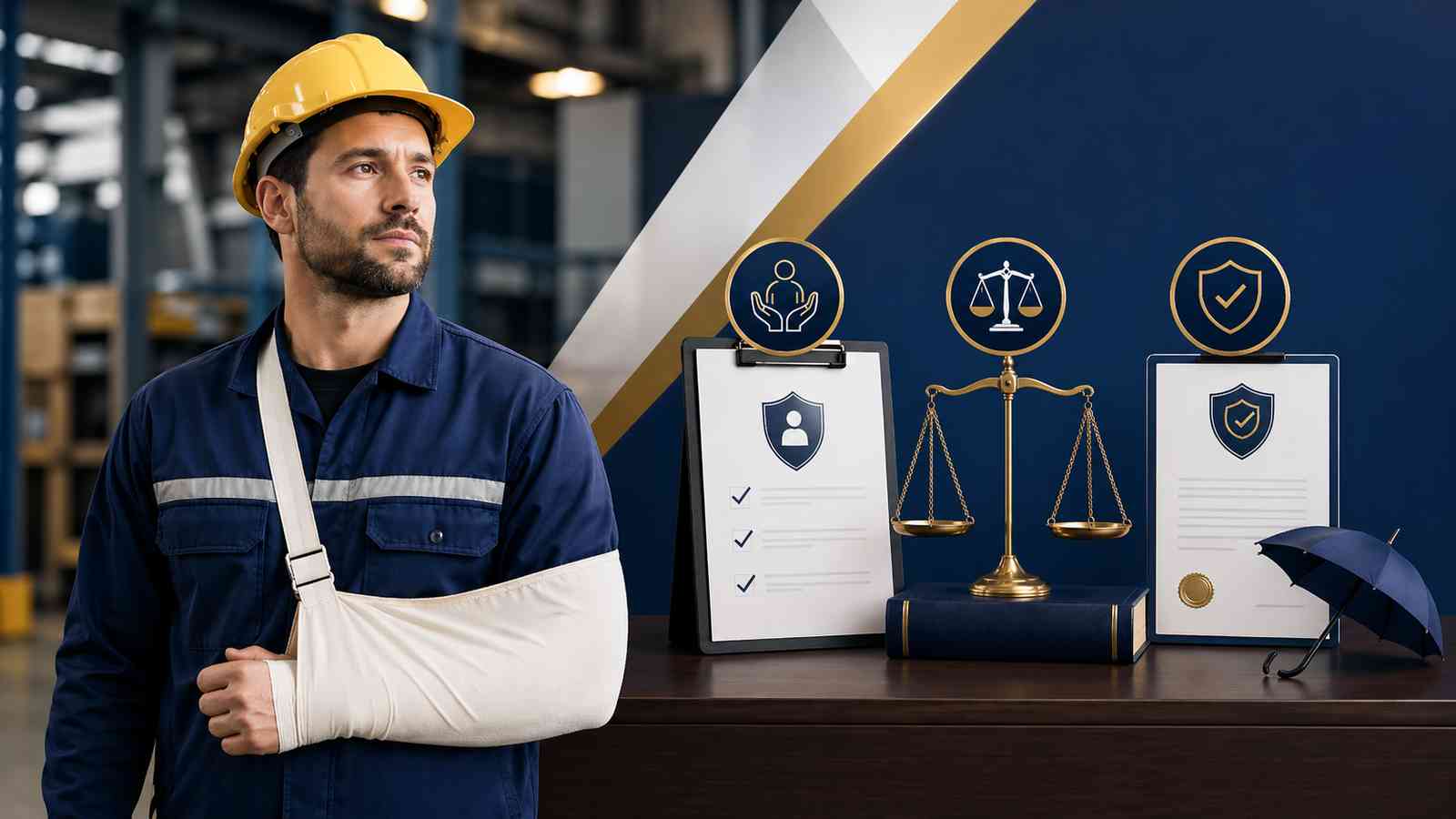 עובד שנפצע בתאונת עבודה מברר את זכויותיו המשפטיות, לצד סמלי חוק, ביטוח לאומי ומסמכי תביעה