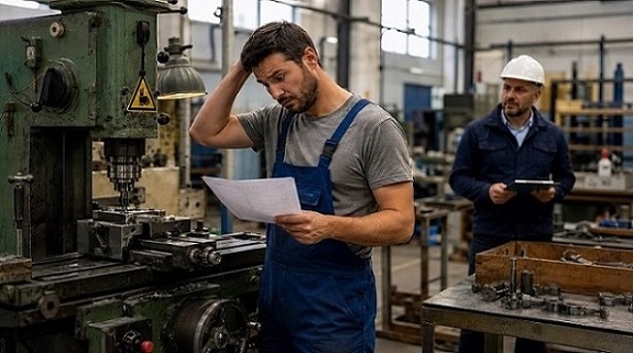 עובד במפעל ליד מכונה תעשייתית כשהוא מחזיק הוראות הפעלה ומנסה להבין את הסיכון ללא הדרכה מתאימה