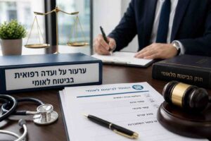 עורך דין מכין מסמכים לקראת ערעור על ועדה רפואית בביטוח לאומי, לצד טופס ביטוח לאומי, ספר חוק, מאזני צדק וסטטוסקופ