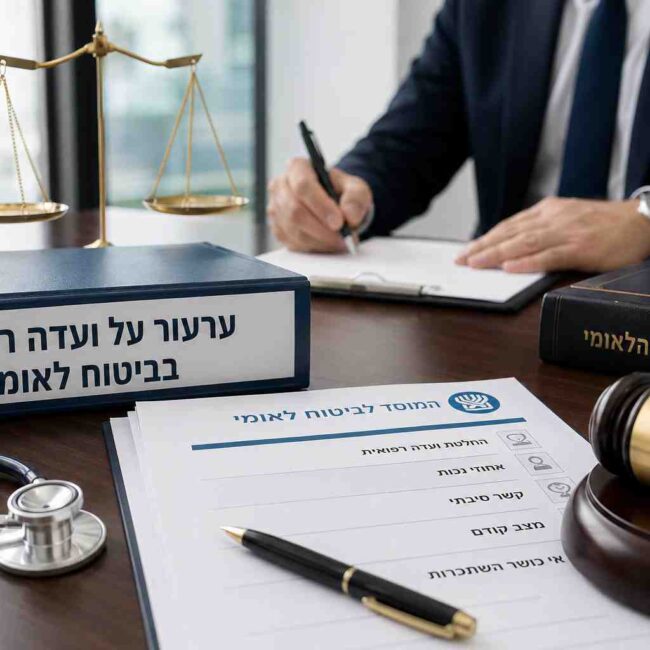 עורך דין מכין מסמכים לקראת ערעור על ועדה רפואית בביטוח לאומי, לצד טופס ביטוח לאומי, ספר חוק, מאזני צדק וסטטוסקופ