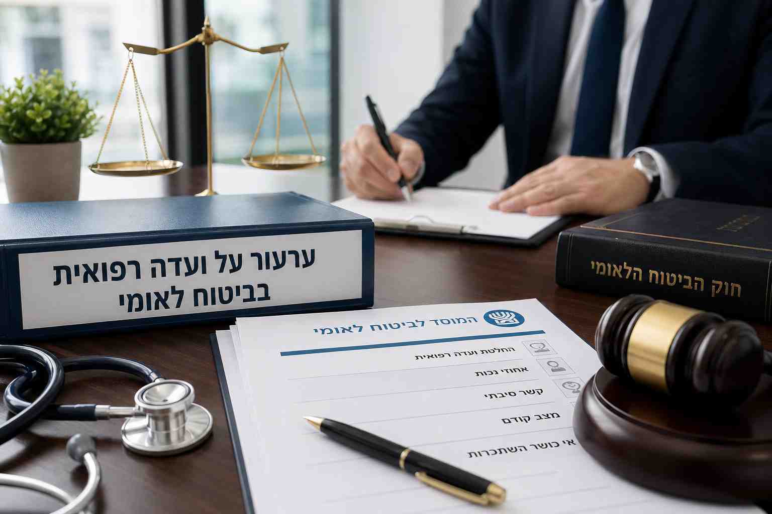 עורך דין מכין מסמכים לקראת ערעור על ועדה רפואית בביטוח לאומי, לצד טופס ביטוח לאומי, ספר חוק, מאזני צדק וסטטוסקופ