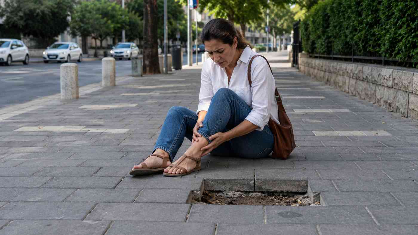 אישה יושבת על מדרכה לאחר נפילה עקב מרצפת חסרה ומחזיקה בקרסול