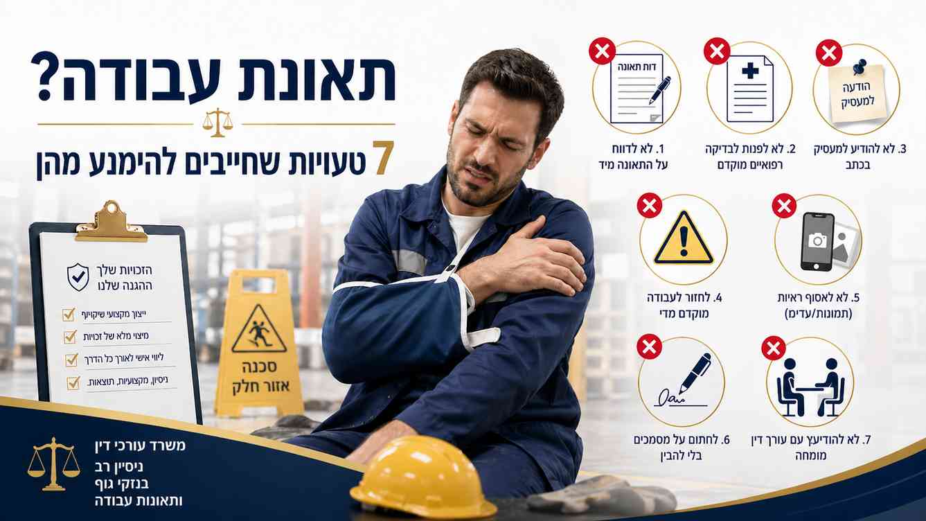 7 טעויות נפוצות שכדאי להימנע מהן לאחר פגיעה בעבודה, כולל דיווח מאוחר, תיעוד רפואי חסר, חתימה על מסמכים ואי פנייה לייעוץ משפטי