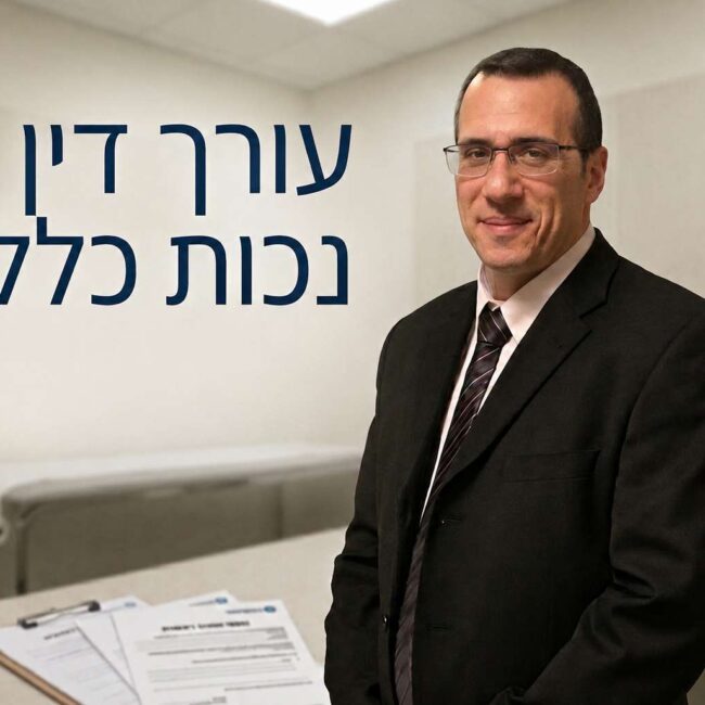 עורך דין נכות כללית אורי דלאל, לבוש בחליפה על רקע חדר בדיקות רפואי