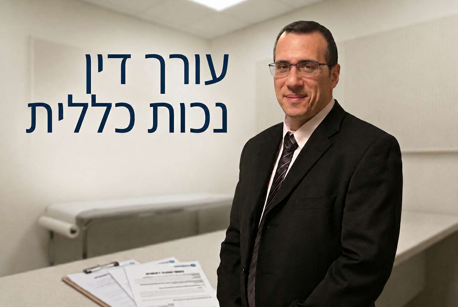 עורך דין נכות כללית אורי דלאל, לבוש בחליפה על רקע חדר בדיקות רפואי
